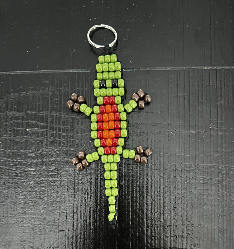 Handmade Green Beaded Alligator Keychain Charm w/ Red Orange Center