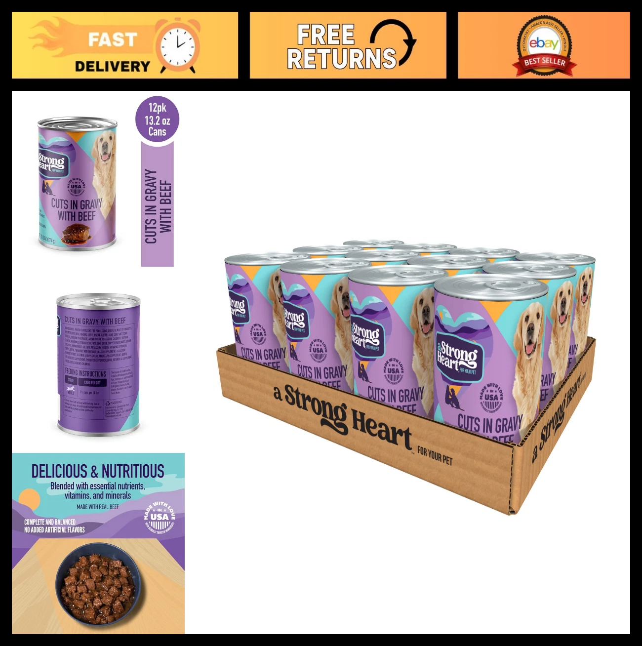 Wet Dog Food Cuts in Gravy with Beef - 13.2 oz Cans (12 Pack) - USA Made, Real B