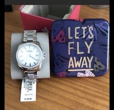 Fossil Silver Analog Wristwatch Gem-Set Bezel Date Indicator Original Box
