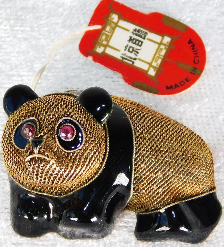 Antique Chinese Panda Enamel Filigree Sterling Silver Brooch Pendant