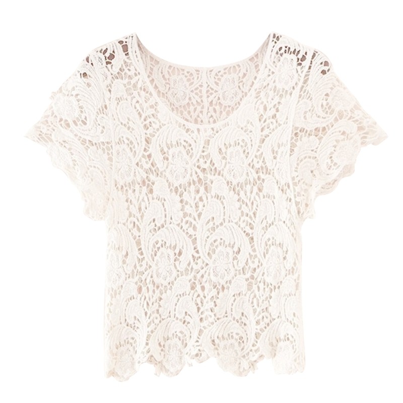 Women Short Sleeve Floral Lace Cover Up T-Shirt Hollow Crochet Crop Top Shrug