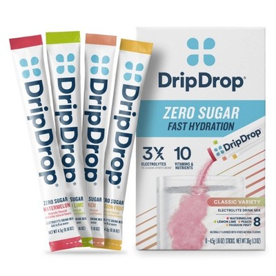 DripDrop Zero Sugar Fast Hydration ,Fruit Electrolyte Powder Drink Mix, 8 Count