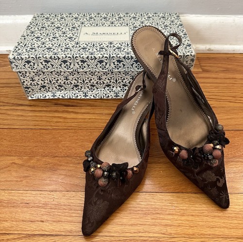 A. Marinelli Women's Sz 8.5M Style Paris Chocolate Beaded Silk Slingback Mule - Picture 3 of 21