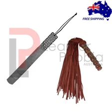 Genuine CowHide Leather Paddle Slapper & Nubuck Flogger 50 Tail Flogger HANDMADE