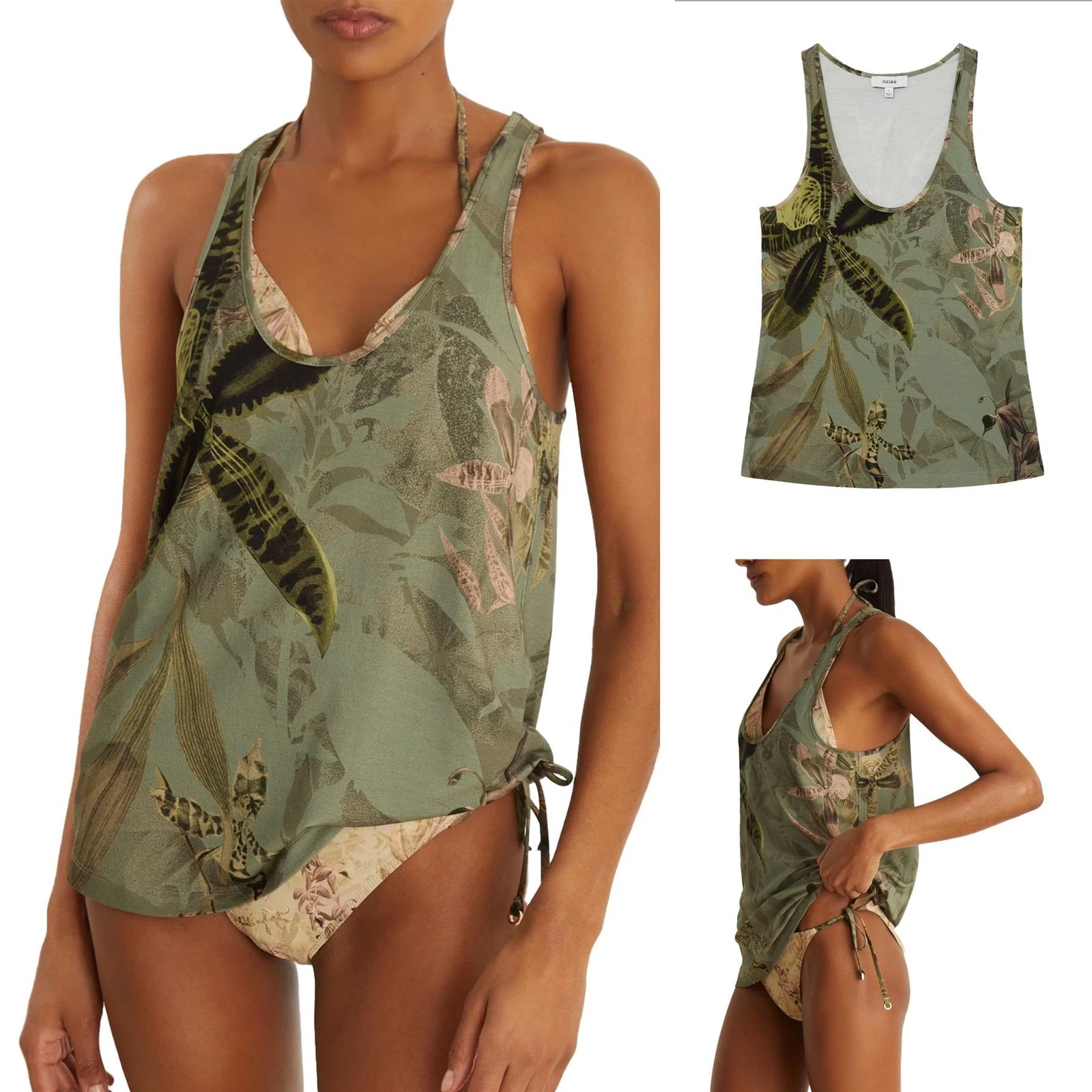 Womens Reiss Khaki Emery Vest Top Tropical NYBG Sleeveless Beach Pool Cover Up