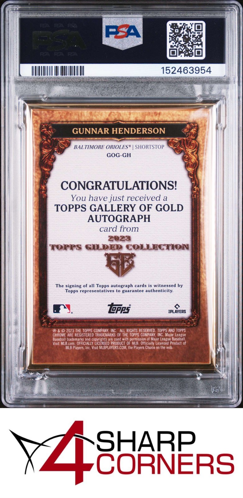 2023 TOPPS GILDED COLL GALLERY OF GOLD AUTO GUNNAR HENDERSON RC #/50 POP 2 PSA 8 view 2