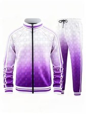 Gradient Purple White Grid Pattern Track Jacket and Pants Set Men's Fashion Casu