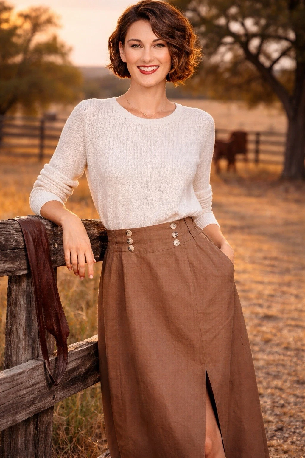 LAURA plus 16 Linen A-line skirt Classic Midi Side Slits Part Lined Tan Classic