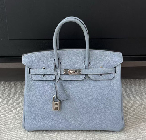 AUTH Hermès Birkin 25 Bleu Lin Togo Leather Palladium Hardware Top Handle Bag
