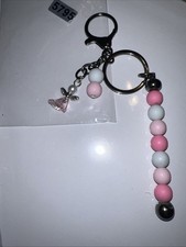Homemade Keychain W/ Pink,  White Beads You Can Twirl Angel On The Chain