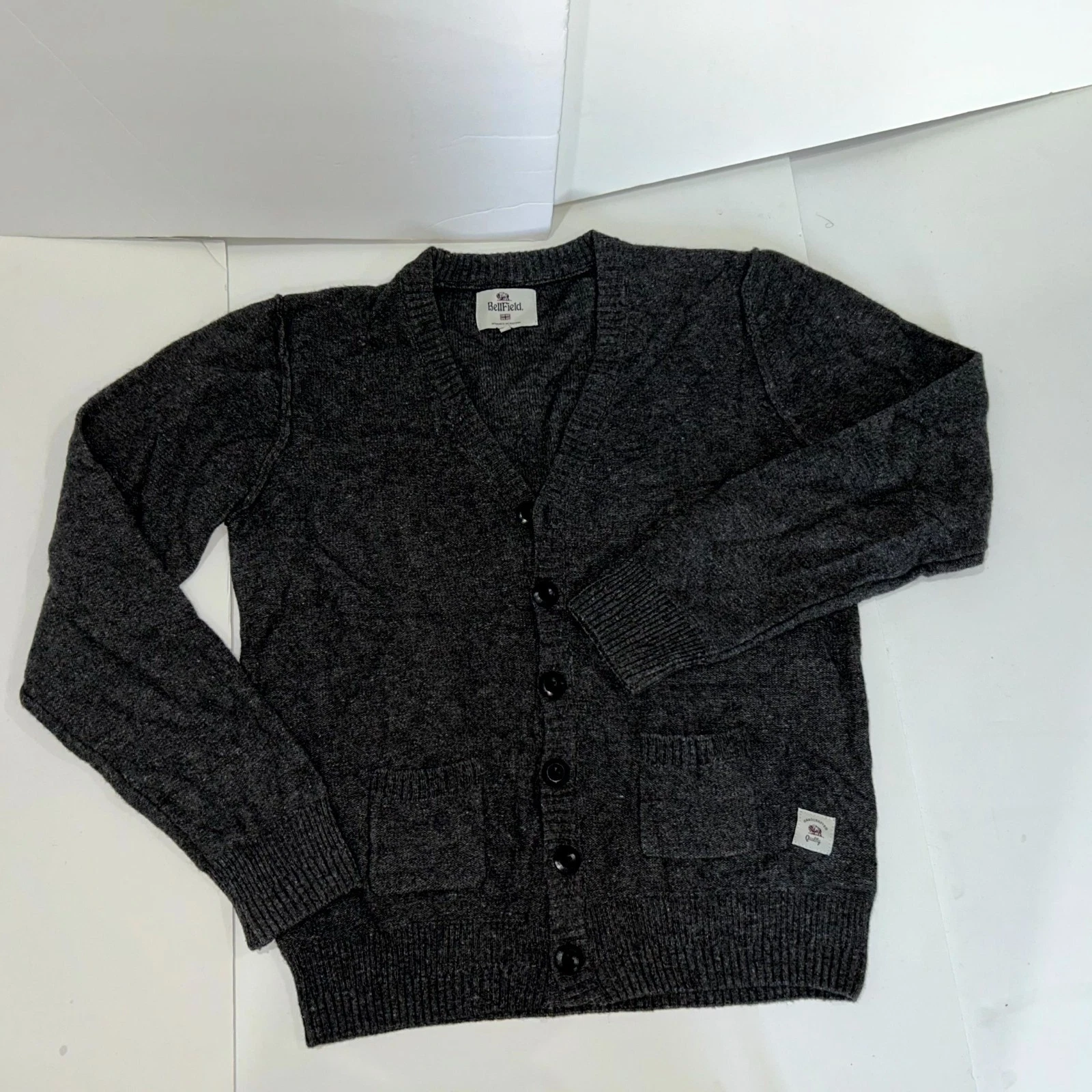 BellField Cardigan Sweater Mens Large Gray Lambswool Speckled Effect V Neck