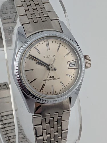 Vintage Timex Women Date Silver Tone 24mm Mechanical Wind Analog Watch- Working