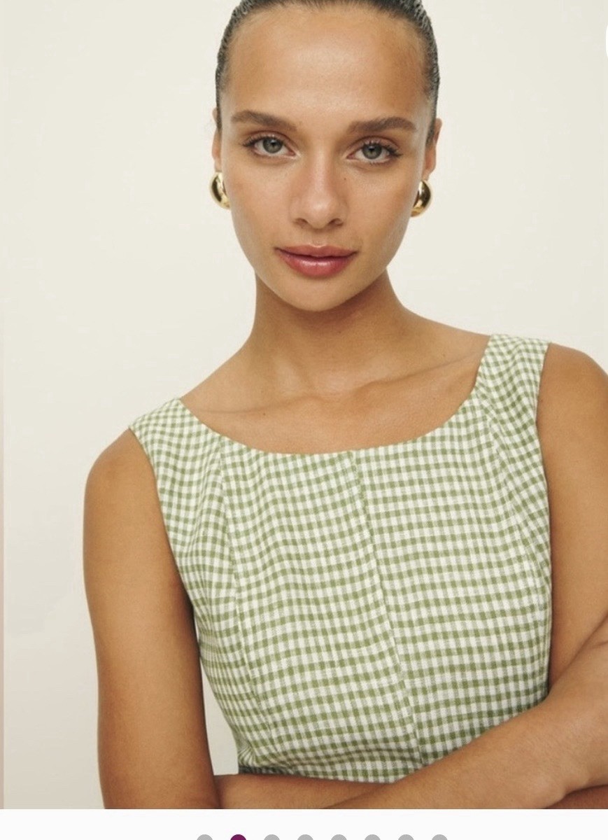 Reformation Amorette Linen Dress In Avocado Check Size 10 Reformation Amorette Linen Dress In Avocado Check Size 10