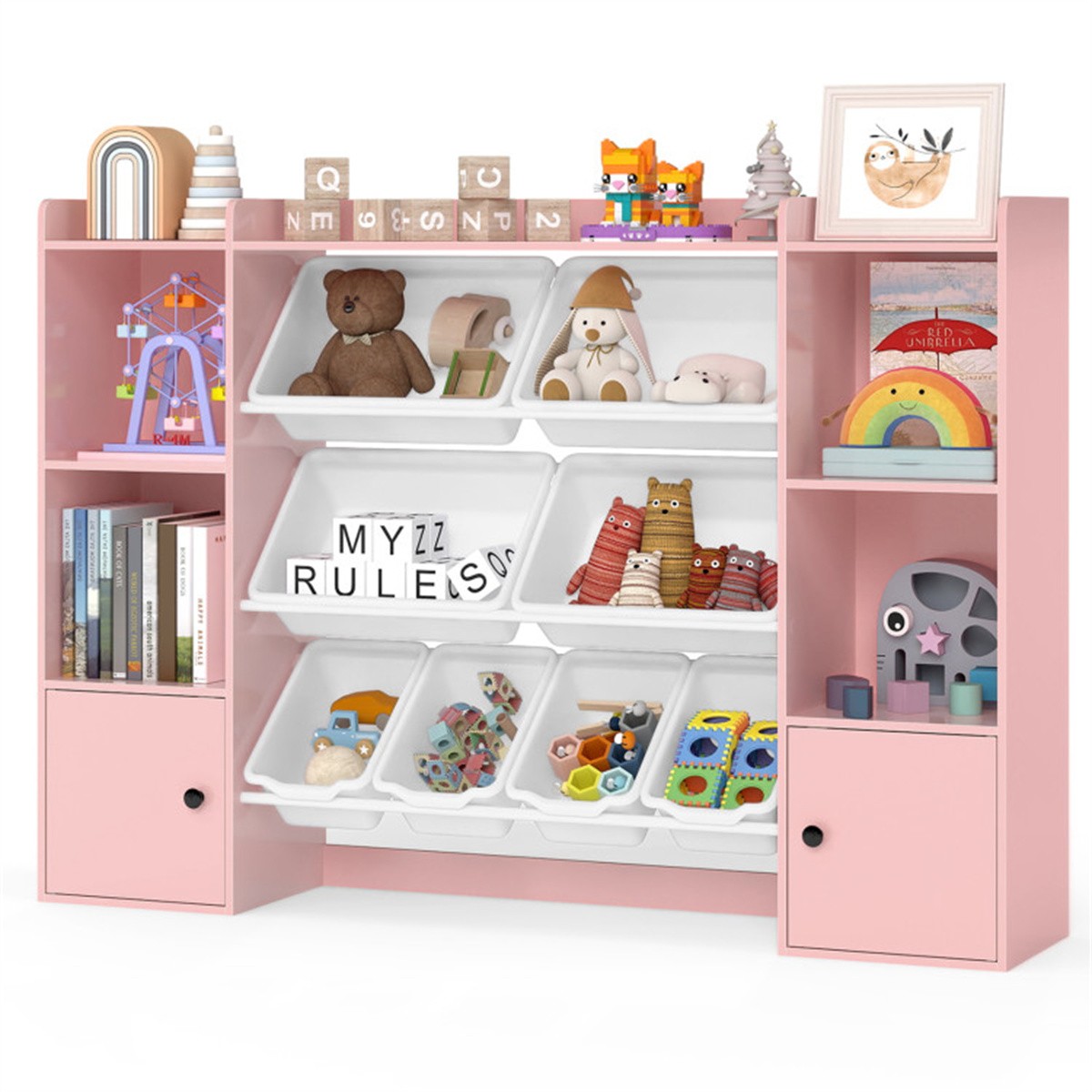 Pink Kids Toy Organizer Anti-Tipping Design Open Shelves Cab