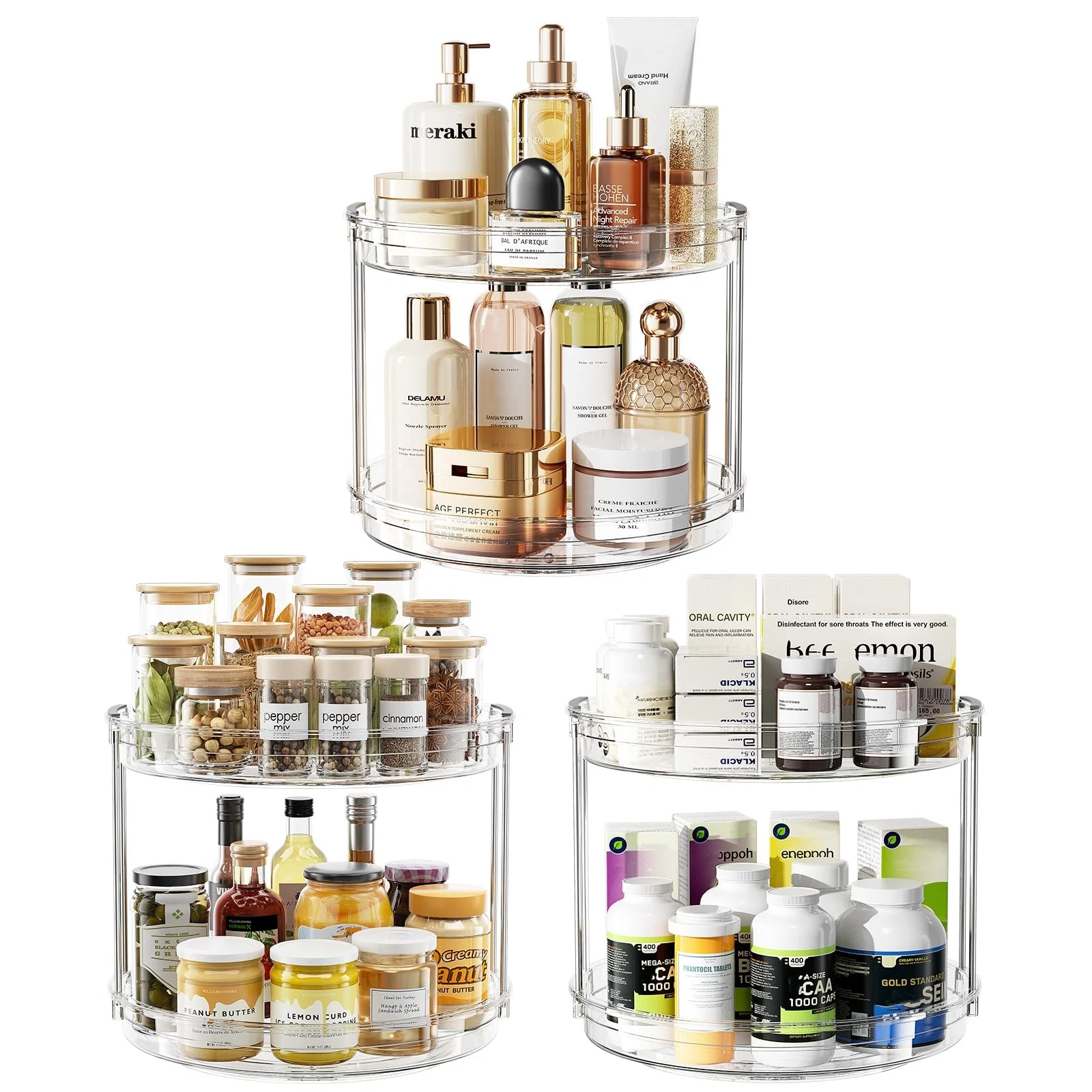 3 Pack 10.6'' 2-Tier Lazy Susan Turntable Organizer Rotating Spice Rack Organ...