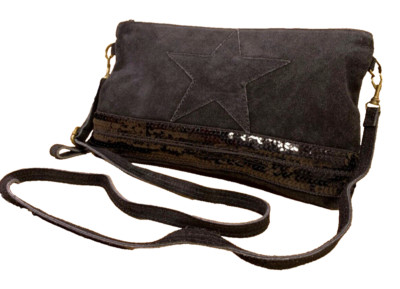 Tasche Velours Leder schwarz Pochette Stern Pailletten Clutch Party Glitzer B164