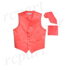 New Men's formal Tuxedo vest extra long necktie  hankie set coral 5XL 6XL