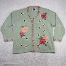 Vintage Storybook Knits Cardigan Sweater 1X Floral Spring Bees Cottage Granny