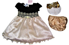 Bonnie Baby 12M Black Gold Holiday Dress NWT 3pc Set - Panties - Gold Headband