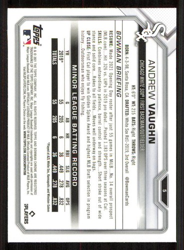 2021 Bowman Chrome #5 Andrew Vaughn RC - Picture 2 of 2