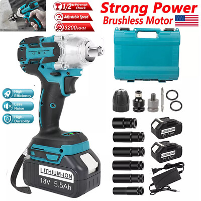 Cordless Electric Impact Wrench Gun 1/2'' High Power Driver w/ Li