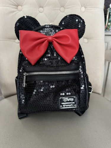 Disney Loungefly black sequin Minnie Mouse backpack with red bow