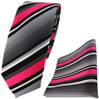 Schmale Tigertie Krawatte + Einstecktuch In Pink Silber Grau Weiss Gestreift