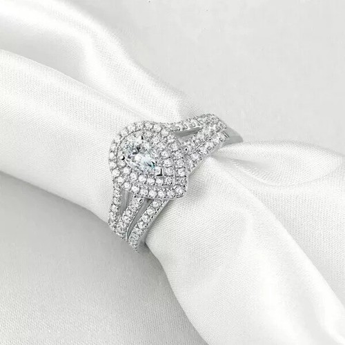 Pear Cut 1 Ct Moissanite Bridal Set Wedding Ring Solid 14k White Gold For Bride - Picture 2 of 7