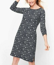 T by TALBOTS S Dress Navy Blue Striped Floral Print Lace Up Back Terry Cotton