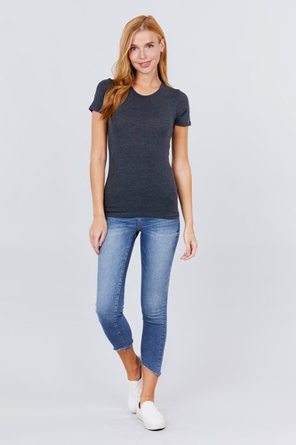Womens Short Sleeve T-Shirt Crew Neck Stretch Cotton Slim Fit Plain Top - Picture 26 of 66