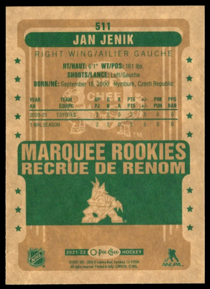 2021-22 O-Pee-Chee Retro Jan Jenik RC #511 - Image 2 of 2