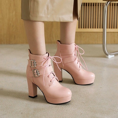 Women's Punk Ankle Boots Round Toe Block High Heel Buckle Platform Shoes 44-48 D - Picture 7 of 17