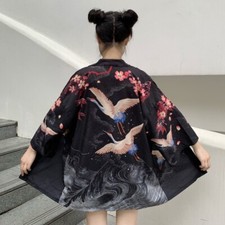 Japanese Women Loose Casual Kimono Yukata Coat Floral Crane Open Front Outwear