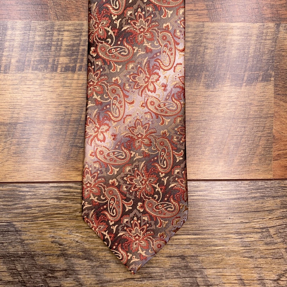 Corbata Mario Ferrari Paisley Jacquard Rojo Gris Dorado Hecha a Mano Foto 3 de 4