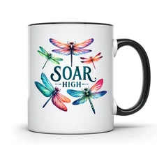 DRAGONFLY DESIGN COFFEE MUG INSPIRATIONAL SOAR HIGH MUG COLORFUL DRAGONFLIES