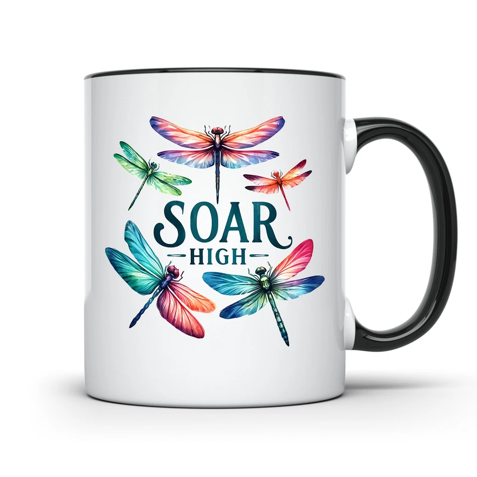 ELITEGEAR4U DRAGONFLY DESIGN COFFEE MUG INSPIRATIONAL SOAR HIGH MUG COLORFUL DRAGONFLIES