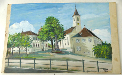 Aquarell A.Müller 1929 St. Sebastian Kirche Dorfmitte Sauldorf 25x35 S-5965