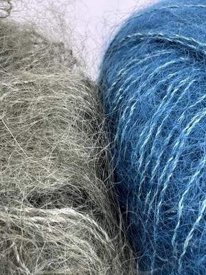 2 Kidsilk Haze 70% Mohair 30% Silk Yarn by Rowan Peacock Blue + Drab Green/Brown