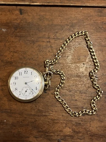 Antique Men’s Pocket Watch w/ Chain, Waltham, 25 Year Gold Filled, Works!, Nice