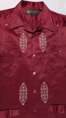 Dragonfly Guayabera Burgandy Polyester w Cream Embroidered Button Down Shirt L  