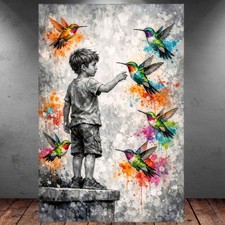 LEINWAND BILD ER XXL GRAFFITI BANKSY BIRD KID VÖGEL KOLIBRI ABSTRAKT WAND POSTER