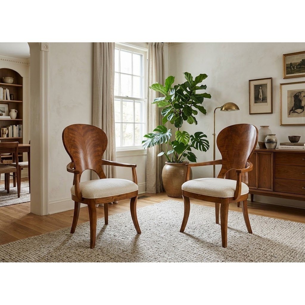 Henredon Burl Wood Dining Armchairs Pair Model 9200 27 Cream Upholstered Seats