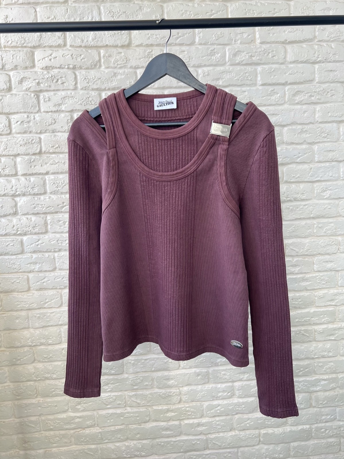 Jean Paul Gaultier JPG Burgundy Logo Garment Dyed Rib Knit Top Women's Size XXL