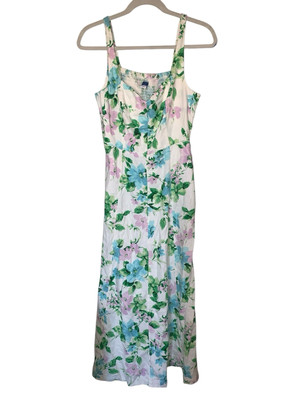 Old Navy Linen Dress Sz M Tall Cream Green Floral Smocked Cottagecore Modern NWT