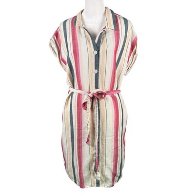 Thread & Supply M Striped Belted Short Shirt Dress Rayon Linen Cap Sleeves Beach