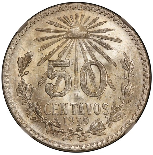 1939 Mo Mexico 50 Centavos Silver Coin - NGC MS 64 - KM# 447