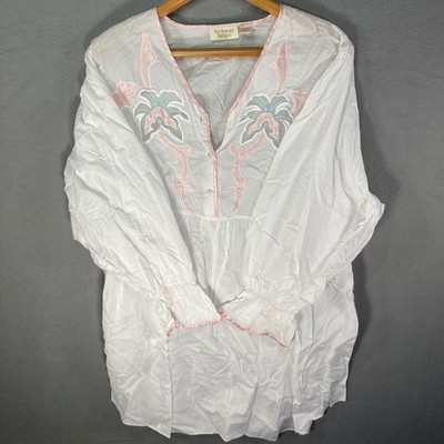 Vintage Victorias Secret Embroidered Tunic Top White Pink Cotton Blend Size L