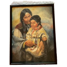 VINTAGE woman baby portrait original painting Native hand painted mother child