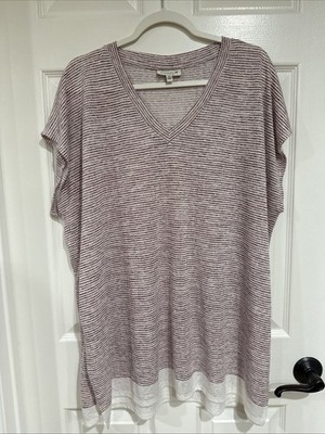 Studio B by Bobeau Women's 2X Short Sleeve V-Neck Tunic Top Red/White Stripe
