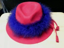 RED HAT SOCIETY WIDE WOOL FELT HAT W/PURPLE FEATHER & TASSELS EXCELL PREOWNED